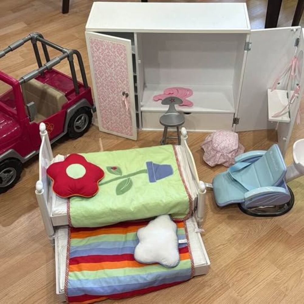18" Doll Furniture and Accessories Lot - Jeep, Bed, Wardrobe, Salon Chair
